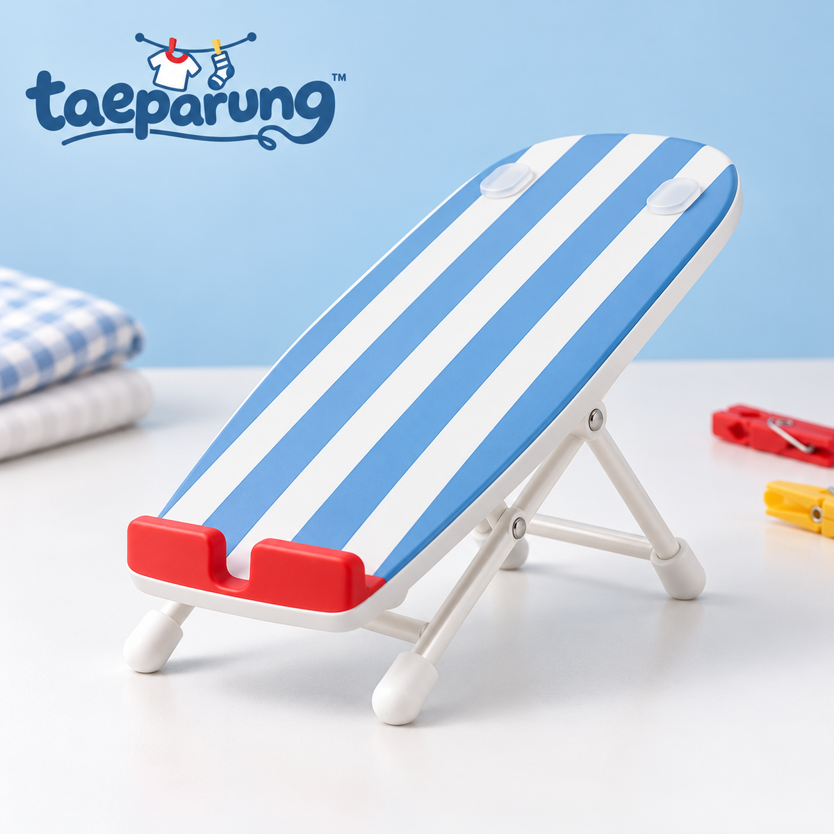 taeparung™ Press Pause Ironing Board Phone Stand — Folding Desktop Cell Phone Holder with Charging Cable Clearance