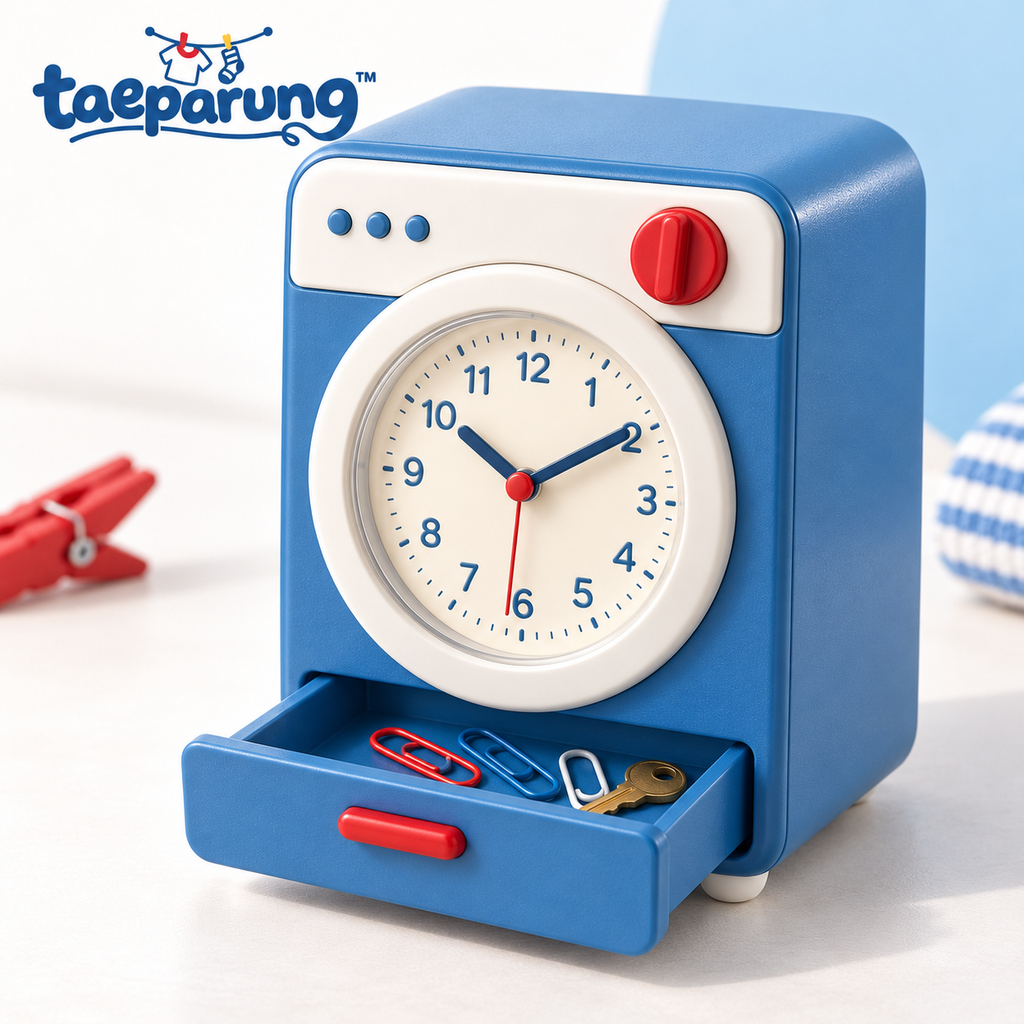 taeparung™ Spin Cycle Washing Machine Desk Clock — Analog Table Clock with Mini Storage Drawer, Laundry Room & Office Decor