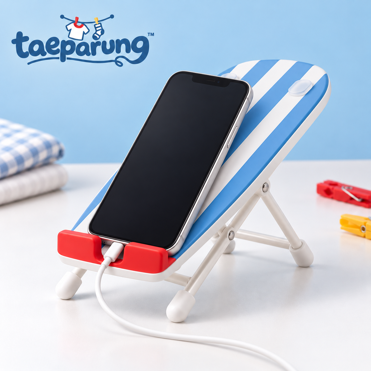 taeparung™ Press Pause Ironing Board Phone Stand — Folding Desktop Cell Phone Holder with Charging Cable Clearance