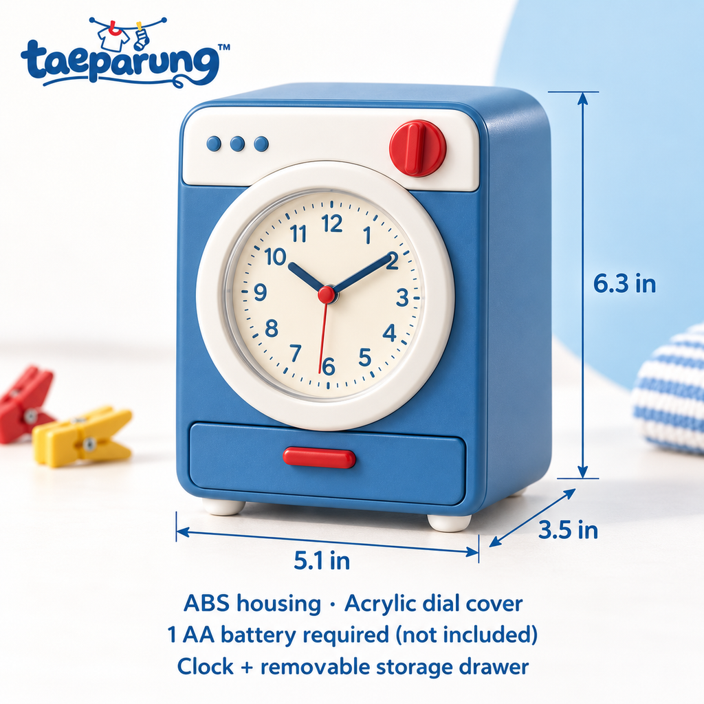 taeparung™ Spin Cycle Washing Machine Desk Clock — Analog Table Clock with Mini Storage Drawer, Laundry Room & Office Decor
