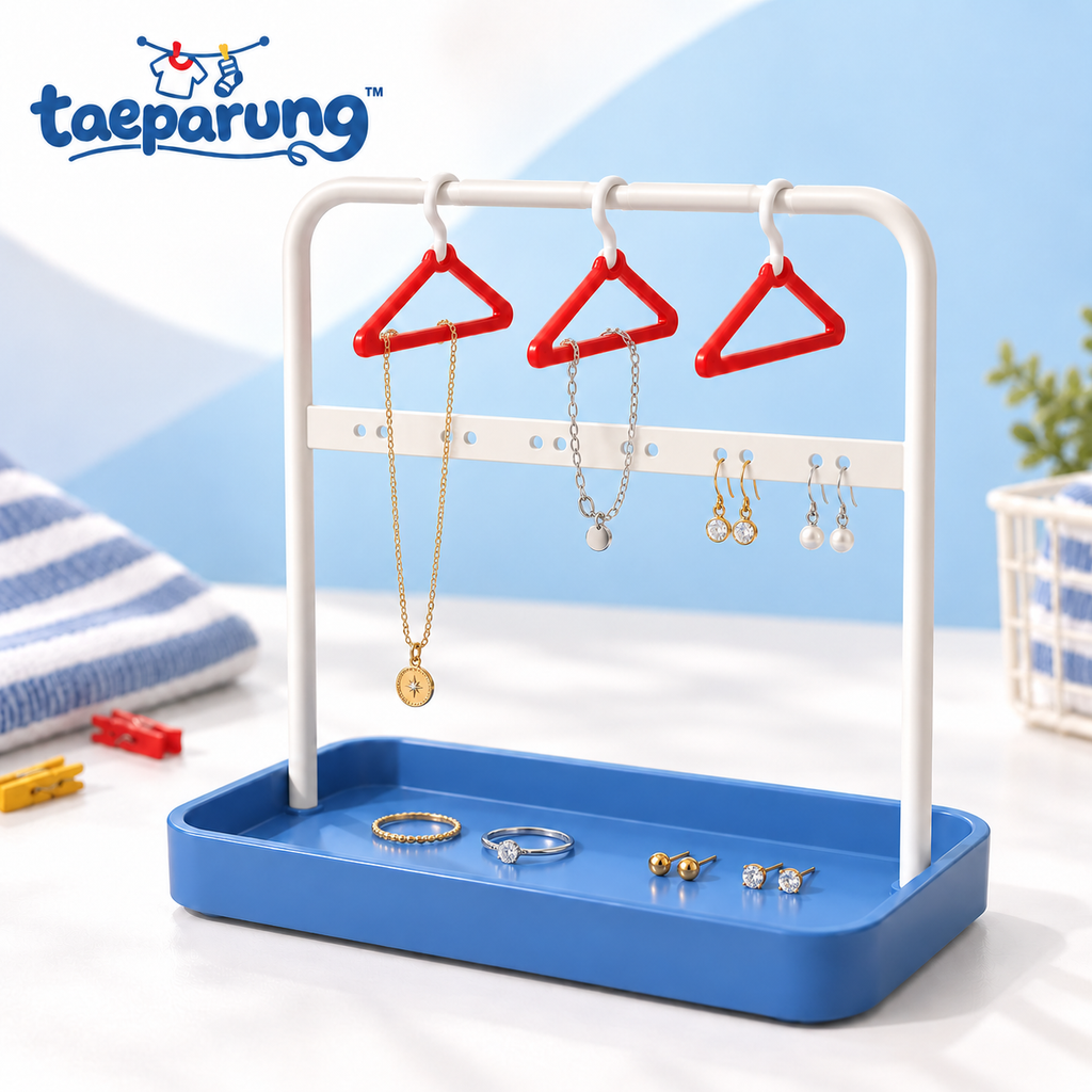 taeparung™ Hang It Up Mini Clothes Rack Jewelry Stand — Necklace Holder, Earring Organizer & Ring Tray with Mini Hangers