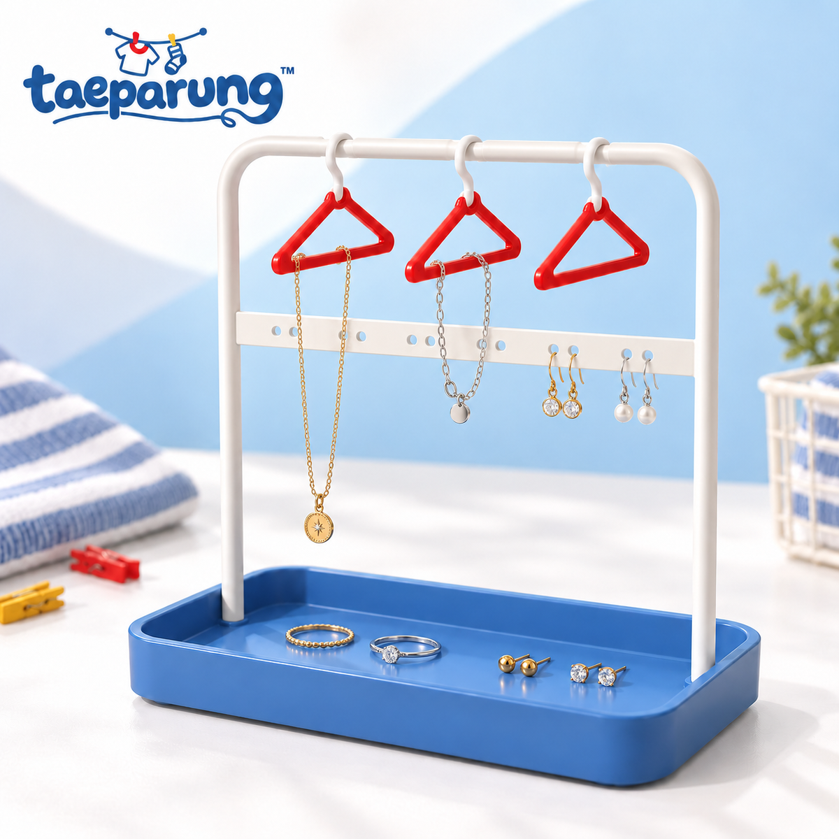 taeparung™ Hang It Up Mini Clothes Rack Jewelry Stand — Necklace Holder, Earring Organizer & Ring Tray with Mini Hangers