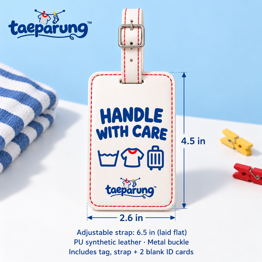 taeparung™ Care Label Luggage Tag — Laundry Label-Inspired Bag ID with Privacy Flap & Adjustable Strap for Suitcases and Backpacks