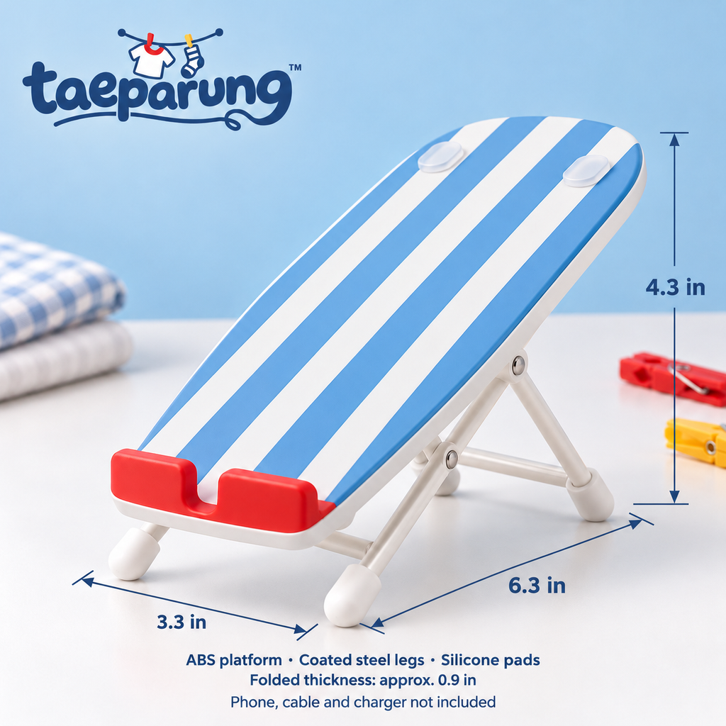 taeparung™ Press Pause Ironing Board Phone Stand — Folding Desktop Cell Phone Holder with Charging Cable Clearance