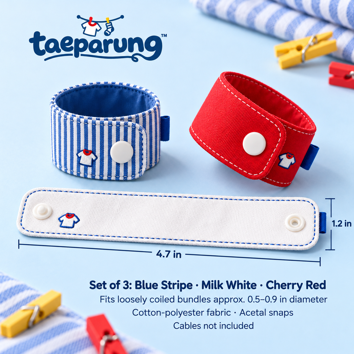 taeparung™ Cuff Links Cable Wraps, Set of 3 — Shirt Cuff-Inspired Snap Cord Organizers for Charging Cables, Earbuds & Travel
