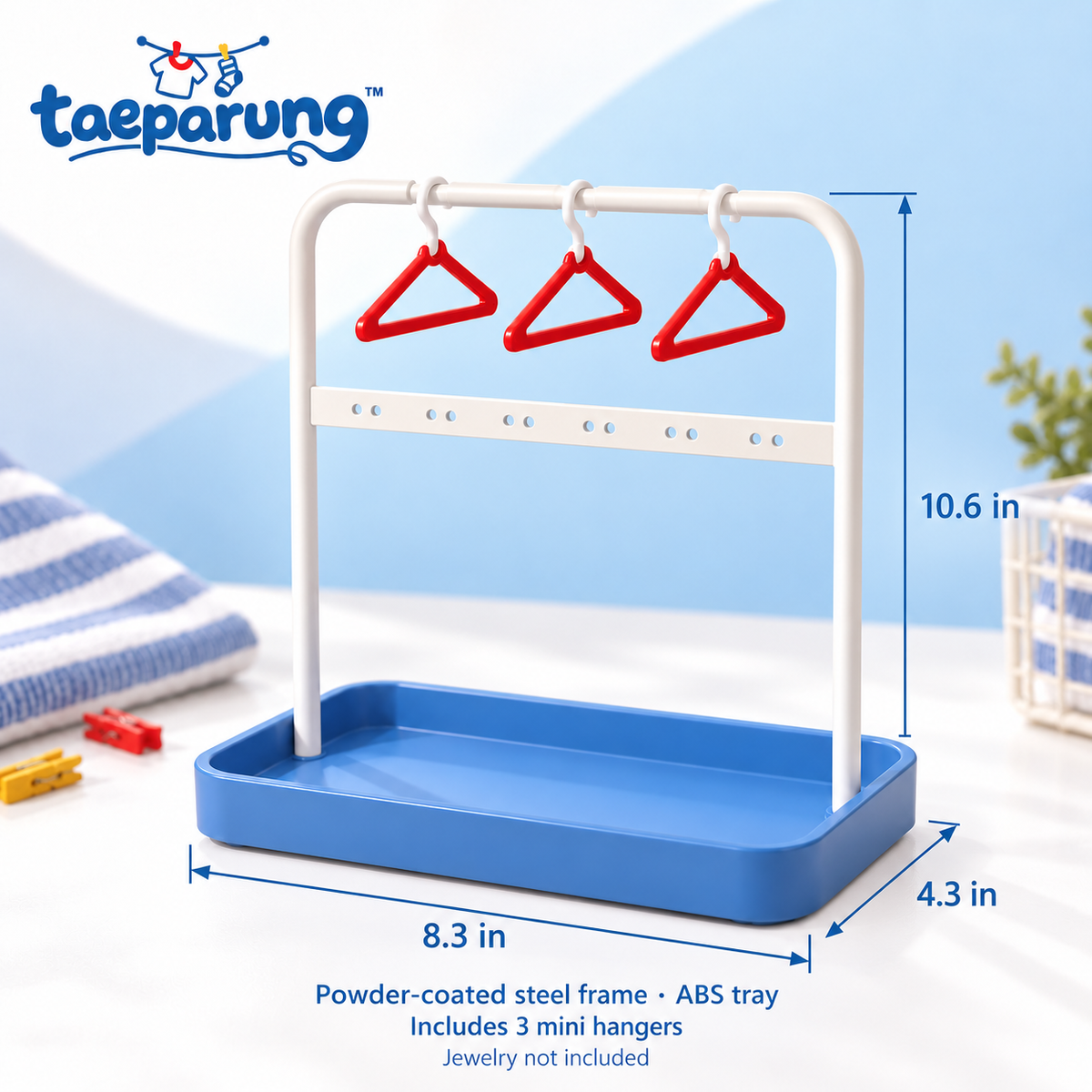 taeparung™ Hang It Up Mini Clothes Rack Jewelry Stand — Necklace Holder, Earring Organizer & Ring Tray with Mini Hangers