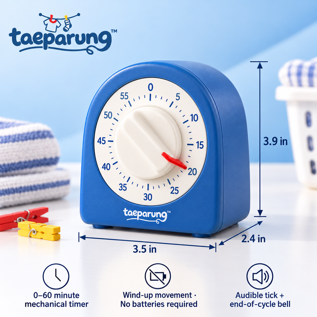 taeparung™ Cycle Dial Mechanical Timer — 60-Minute Wind-Up Countdown Timer with Laundry Control Dial Design, No Batteries Required
