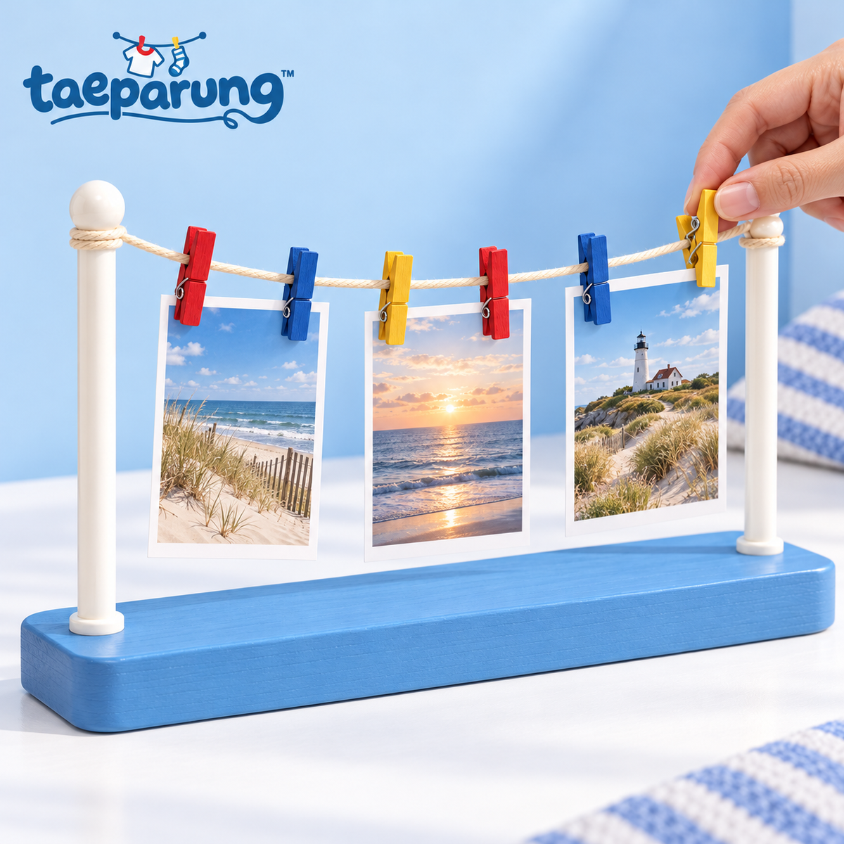 taeparung™ Line Up Clothesline Photo Display — Freestanding Desktop Picture Holder with Mini Clothespin Clips for Photos & Notes