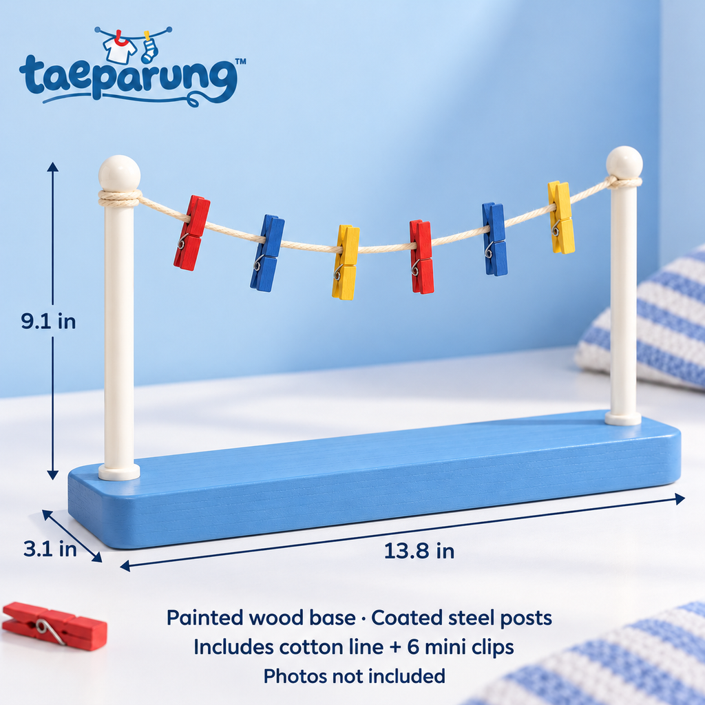 taeparung™ Line Up Clothesline Photo Display — Freestanding Desktop Picture Holder with Mini Clothespin Clips for Photos & Notes